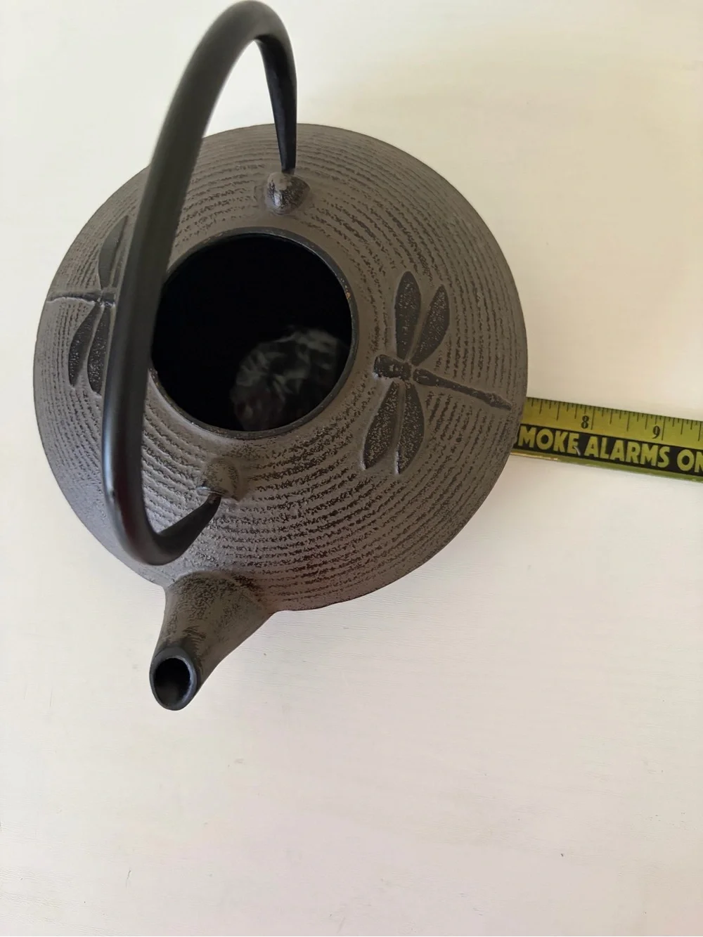 Black Cast Iron Dragonfly Motif Teapot with Curved Handle